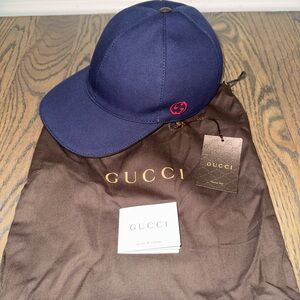 Gucci Navy Canvas Ball Cap with Red GG Logo